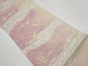 リサイクル　抽象群鶴に草葉模様織出し袋帯